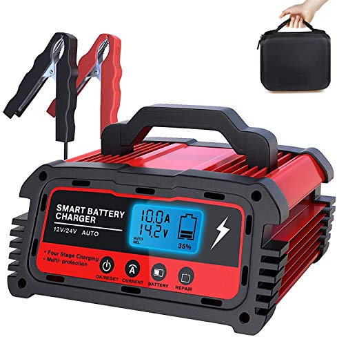 LEICESTERCN Autobatterie Ladegerät 12V/24V 5/10/25A Batterieladegerät KFZ Vollautomatisches 6-stufiges Ladegerät Motorradbatterie Erhaltungsladegerät mit LCD Mehrfachschutz für Auto Motorrad KFZ PKW