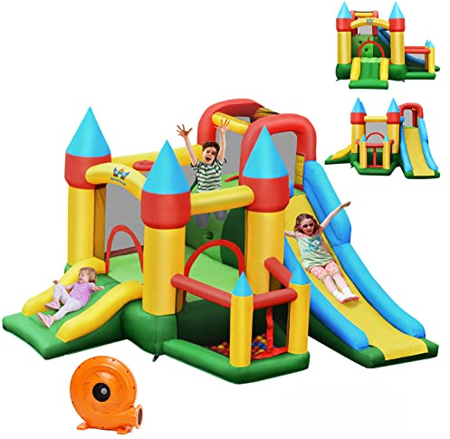 COSTWAY Château Gonflable avec 2 Toboggans et Souffleur, Aire de Jeux Gonflable avec Maison de Saut et Piscine à Balles, Panier de Basket, 60 Balles, Charge 135kg pour Enfant de 3-10 Ans