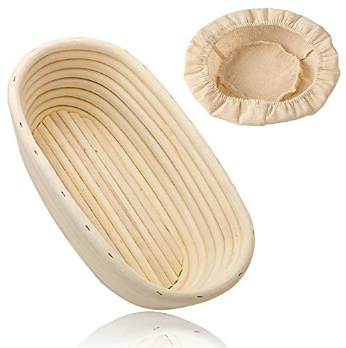 Cesto Fermentación Oval, Proofing Basket ø 25 cm, Cesto Pan Hecho Mano Ratán con Inserto de Lino, Altura 8cm, para los Amantes de la Repostería