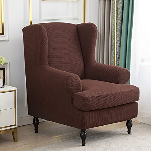 Highdi 2 Teilig Ohrensessel Überzug, Jacquard Sessel-Überwürfe Ohrensessel Schonbezüge Bezug Sesselhusse Elastisch Stretch Tiger Stuhlbezug mit Armlehne Hohe Rückenlehne Universal (Braun)