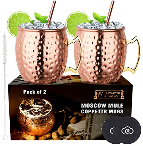LIVEHITOP Moscow Mule Kupfer Becher Set of 2,19.5 Oz Kupferbecher with Untersetzer and Bier Flaschenöffner for Cocktail, Wein, Kaltes Getränk, Bar, Party, Geschenke