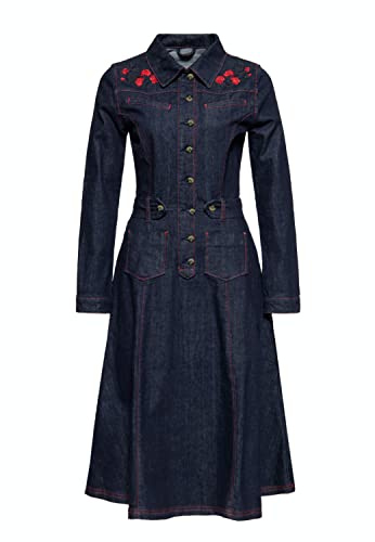Queen Kerosin Vestido de mezclilla para mujer | Vestido de mezclilla | Western | Vintage | Swing | 50S | Rockabilly | Bordado | Roses, Denim., XS