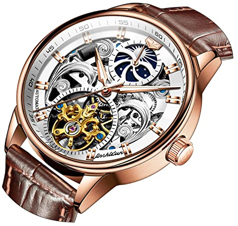 OLEVS Men's Skeleton Watch Luxury Dress Black Leather Silver Gold Tourbillon Moon Phase Automatic Mechanical Self-Winding Waterproof Luminous Wrist Watches, ROES GOLD, Modern