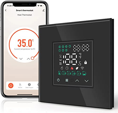 BSEED Smart Home, WiFi Raumthermostat Heizung programmierbare Temperatursteuerung für elektrische Fußbodenheizung, Alexa Google Home Tuya kompatibel ohne Batterien Schwarz