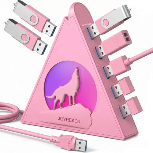 7 Port USB Hub,JoyReken USB 3.0 verlängerung mit verlängertem 60cm Kabel,USB Verteiler für Desktop, Laptop, PC, Xbox, PS4/5, Flash Drive, XPS, Flash Drive,Gamepad, Printer, Kamera,Tastatur, Maus(Pink)