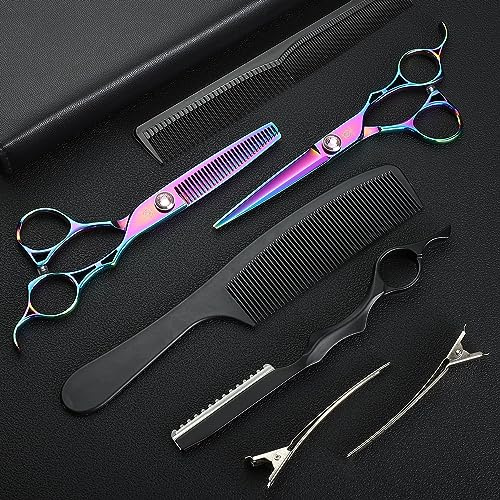 Univinlions Hairdressing Scissors Set 6 Inch Hair Thinning Scissors | Texturizing Scissors Professional Cutting Tool for Men Women Kids at Salon Barber Home Rainbow