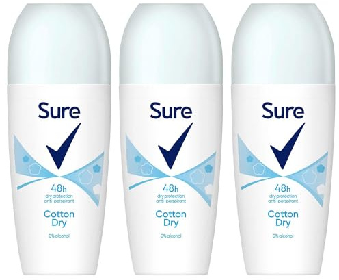 Sure Antiperspirant Roll On Cotton Dry 48H Sweat and Odour Protection Roll On with Fresh, Light and Clean Scent Deodorant for Women, 50ml Pack of 3