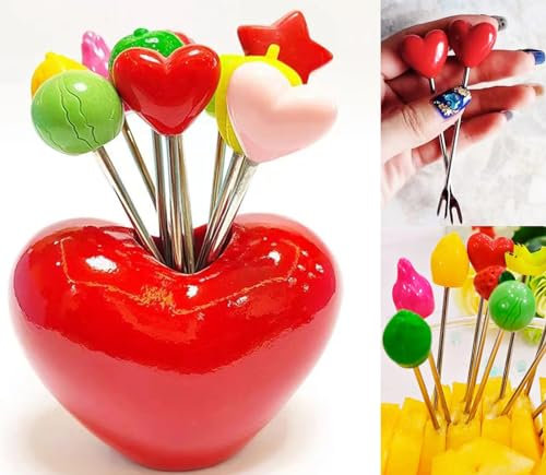 Stainless Steel Fruit Fork Set - Children's 10 Creative Designs and 1 Love Holder for Repeated Use