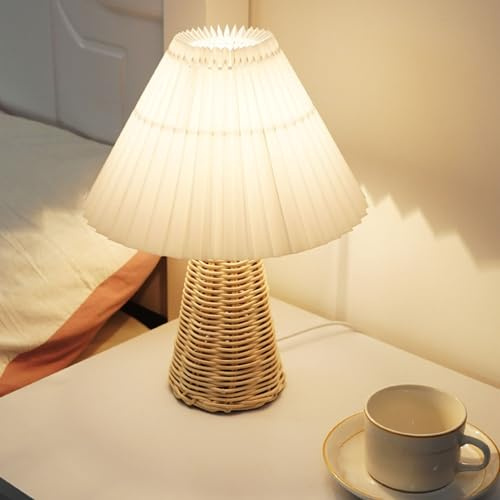 SIXRUN Plissee-Tischlampe mit Rattan-Sockel, skandinavischer Vintage-Stil, weiches und warmes Licht für Schlafzimmer, Heimdekoration