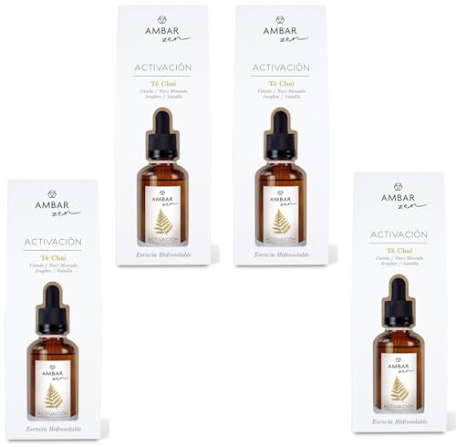 Esencia Hidrosoluble te chai- Aromaterapia para Difusores y Humidificadores, Aroma de canela, Fragancia Relajante y Duradera, Ideal para el Hogar u Oficina - 50 ml pack de 4