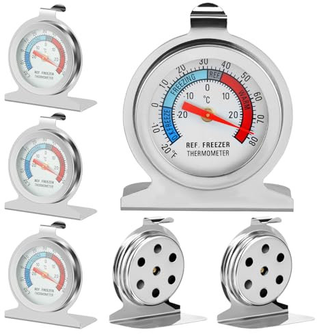 Sutowe Kühlschrank-Thermometer, 6 Stück, -28,9 °C bis 26,7 °C, Edelstahl, Analog-Thermometer mit Haken zum Aufhängen, großes Zifferblatt, Gefrierschrank-Thermometer für Kühlschrankkühler