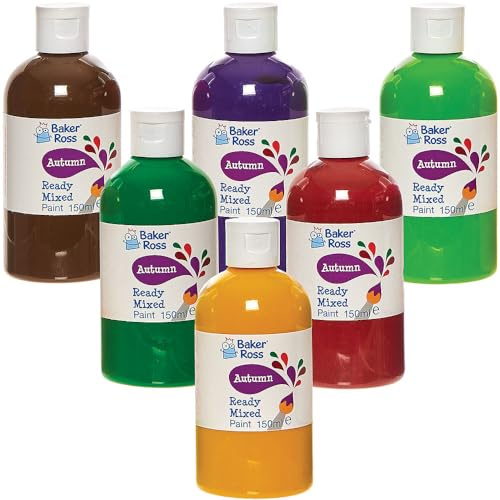 Baker Ross FN244 Autumn Ready Mixed Poster Paint Set 150ml - Låda med 6 flaskor, färgvärdesförpackning med flaskor, färg för barn