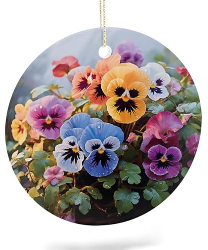 Stiefmütterchen Blumen Weihnachten Keramik Hängende Ornament Rund Doppelseitiger Weihnachtsbaum Dekorationen mit Goldseil Weihnachtsanhänger für Kamin Urlaub Party Xmas Dekoration