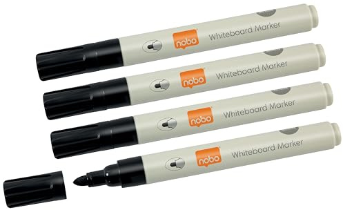 Nobo Whiteboard-Stifte, 4er Pack, geruchsarm, schnell trocknend, Rundspitze (3 mm) für Whiteboards, Glas und nicht poröse Oberflächen, 85 Prozent recycelter Kunststoff, Schwarz, 1915707