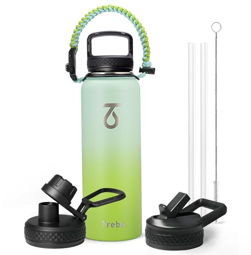 Trebo Borraccia Termica, Borraccia con Cannuccia Borraccia acciaio inox fredda per 48 ore Borraccia Termica Bottiglia in Metallo con Manico in Paracord, 1183 ml, Verde