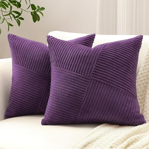 Sungeek 2er Set Cord Kissenbezüge, Windmühle Streifen Muster Kordsamt Kissenbezug Dekokissen Sofakissen Patchwork Design Deko Zierkissenbezüge Kissenhülle für Wohnzimmer (50x50cm, Violett)