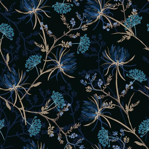 VEELIKE Tapete Blumen Löwenzahn Blau Fototapete Blumen Schwarz Mustertapete 44.5 cm × 300 cm Selbstklebende Tapete Blätter Blau Fototapete Wohnzimmer Badezimmer Kinderzimmer Wasserfest Abnehmbar