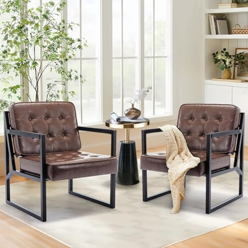 COLAMY Ohrensessel Sessel Wohnzimmer 2er Set, Leder Accent Chair, Mid Century Modern Kunstleder Empfangssessel mit Metallbeinen für Wohnzimmer Schlafzimmer Empfangsraum Wartezimmer, Braun