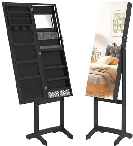 Froadp 2-in-1 Schmuckschrank mit LED-Beleuchtung und Spiegel Stehendes Spiegelschrank Verstellbarer Schmuckregal 152 x 39,5 x 36,5 cm Abschließbarer Schmuckaufbewahrung Ganzkörperspiegel, Schwarz