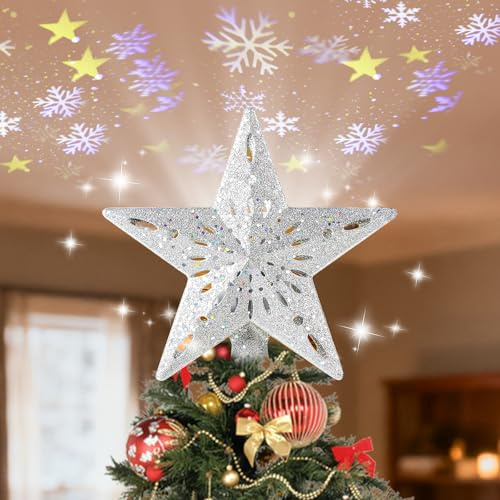 Étoile pour Sapin de Noël, Diealles Shine Etoile Sapin de Noel avec Projecteur 3D Rotation, Pointe de Sapin en Forme de Noël, Cimier Sapin de Noel pour Toute Décoration de Fête (24 x 26 cm)