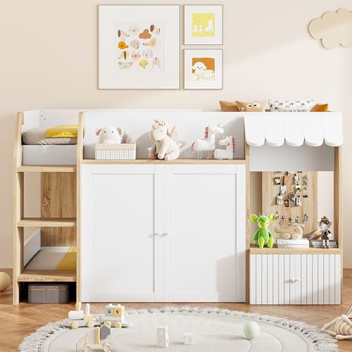 Kebnor Cama infantil de 90 x 200 cm, con espacio de almacenamiento abierto, con escalera, cama alta para niños, de madera maciza, sin colchón (color madera + blanco)