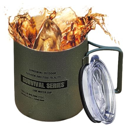 Générique Campingmugg i rostfritt stål, campingmugg i rostfritt stål, tumlare med vikbart handtag och lock - 320 ml vandringsmugg för vandring, jakt och fiske