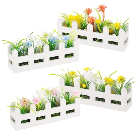 LALADEFIEE 4pcs Miniature Dollhouse Artificial Flower Picket Fence Set with Tiny Potted Plants, Mini Garden Fence Accessories for Dollhouse Decor, Craft Ornament