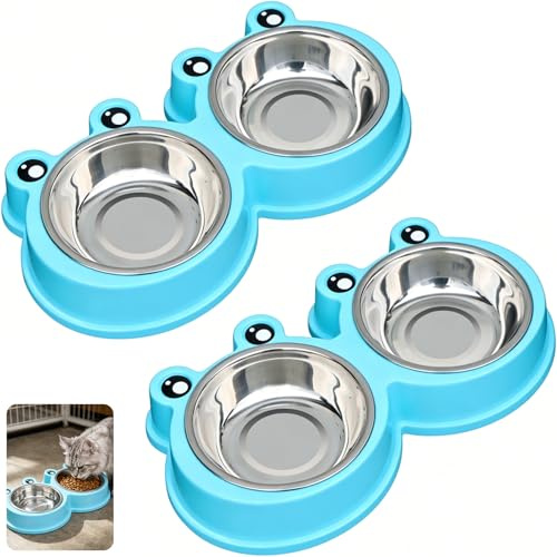 Dubbelmatskål Hundskål och Kattskål i rostfritt stål, 2-pack, tecknad grodmats- och vattenskål för katter och små hundar, skrap- och bitbeständig skåluppsättning Blå