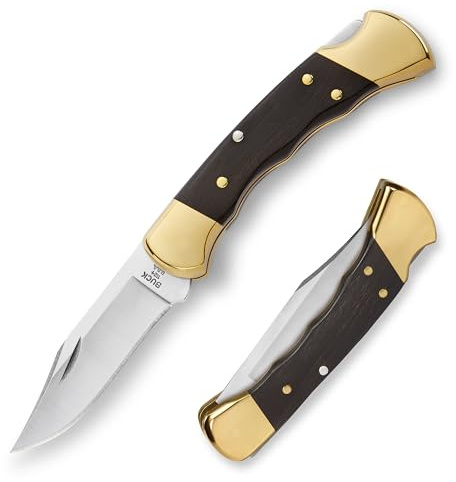 Buck Knives 112 Ranger Hunting Knife with Finger Grooves, 3 Blade, Lockback Design, Ebony Handle, 420HC Stainless Steel Clip Point Blade, Sheath Included, Folding Knife Made in the USA, 5.6 oz