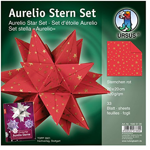 Ursus 15405100 - Faltblätter Aurelio Stern Sternchen, rot / gold, 33 Blatt, aus Papier 120 g/qm, ca. 20 x 20 cm, durchgefärbt, einseitig bedruckt, ideal als Weihnachtsdeko