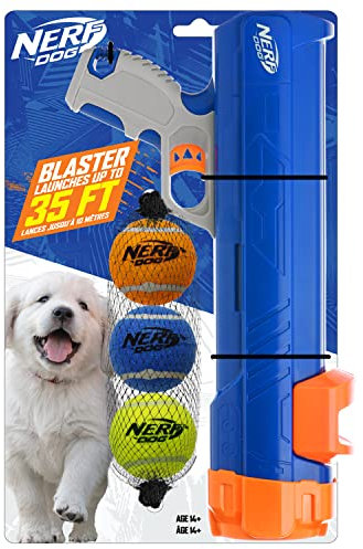 Nerf Dog 30,5 cm Blaster ohne Ballclip, 3 x 5,1 cm, quietschende Tennisbälle – blickdichtes Blau/Orange/Grau und Orange und Blau und Grün