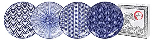 Tokyo Design Studio | Nippon Blue | LOT DE 4 ASSIETTES | En Porcelaine Asiatique | Dessins Géométriques | Coffret Cadeau (16 cm)