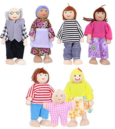 TOYANDONA Wooden Family Dollhouse People Set of 7 Small Dolls, Mini Family Figures for Dollhouse Little People House Pretend Play Figures Accessories for Toddlers Kids