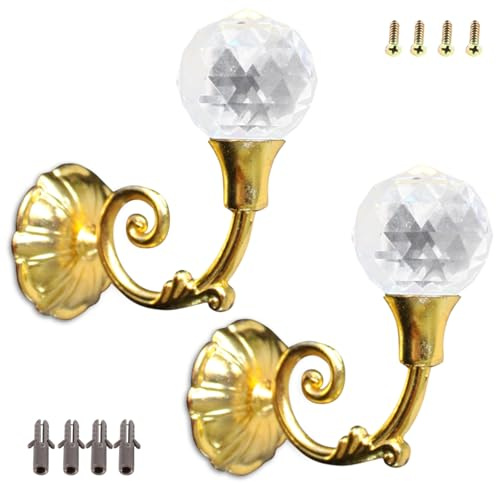 Abrazaderas de Cortina de Pared, 2 uds Borla Sujetar en Pared Alzapaños, Ganchos de Cortina de Metal de Bola de Cristal, Percha para Abrigos Sombreros para Accesorios Dormitorio Decorativos(Oro)