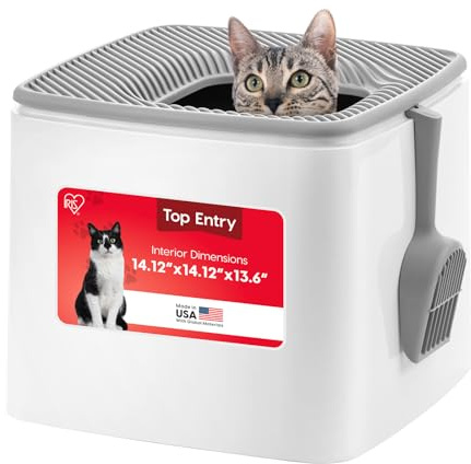 IRIS USA Top-Entry Litter Box with Scoop, Enclosed Square Style Litterbox with Odor Control, Easy to Clean for Cats, Covered Dog Proof Litter Box Design, White/Gray