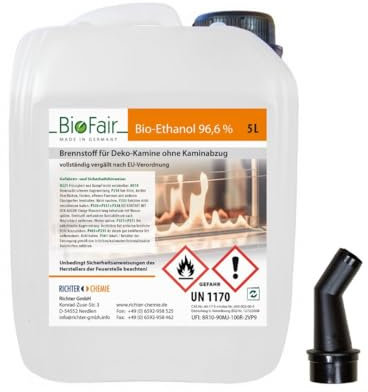 BioFair Bioethanol - Reiner Brennstoff - Bioethanol für Bioethanolkamin, Ethanol Tischkamin, Wandkamin Indoor - 5 Liter