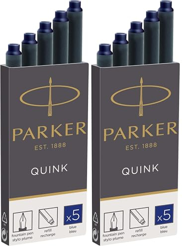 Parker Fountain Pen Ink Refill Cartridges | Long | Blue QUINK Ink | 5 Count (Pack of 2)