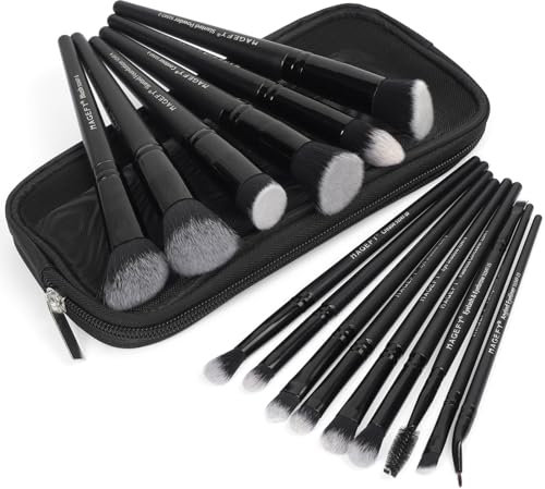MAGEFY Makeup Brushes,15 Pcs Premium Synthetic Make Up Brushes with Case Foundation Powder Concealers Eye shadows Makeup Brush Set（Black)