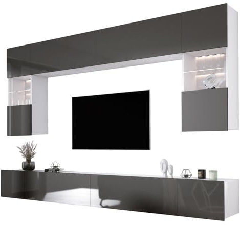 3E 3xE living.com Wohnwand Weiß Matt/Grau Glanz Medienwand Design Modern MDF Hochglanz, Wohnzimmer Möbel, Wohnwand Wohnzimmer