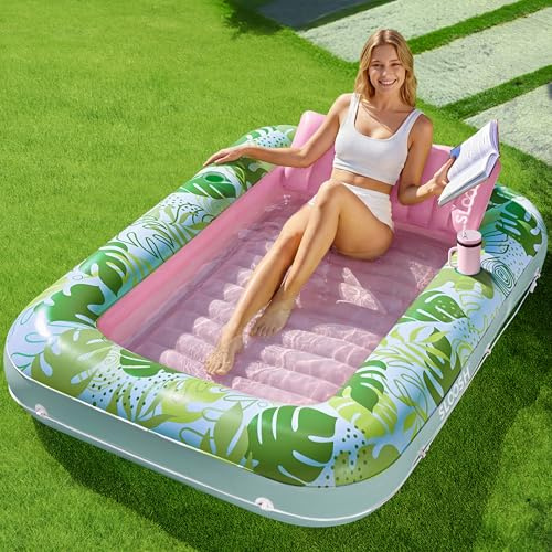 SLOOSH Tanning Pool Sdraio gonfiabile per piscina, 177x 116 cm, grande, per adulti, con cuscino, 4 in 1, vasca abbronzante, lettino prendisole-L-Ciano Rosa Tropicale