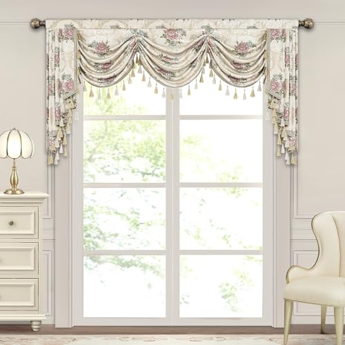 TOPLUXE Swag Volant Vorhang für Schlafzimmer Esszimmer Wohnzimmer Küche, Floral Kurzstore Waterfall Volant-Vorhang für Fenster 1 Stück (Breite 200cm, Blumenmuster)