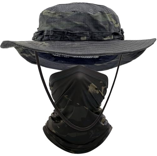 ehsbuy Fischerhut Herren Kühlenden Schlauchschal Tropenhut Military Safari Anglerhut Camouflage Multifunktionstuch Mesh Wanderhut Verstellbarer Sonnenhut für Jagd Outdoor Sportarten
