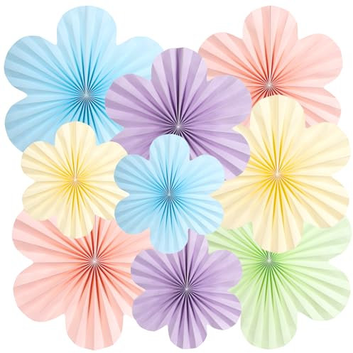 SUNBEAUTY 9 abanicos de papel para decoración, guirnalda azul, rosa, lila, flores, abanicos de papel, verde claro, amarillo claro, juego de decoración para bodas, cumpleaños, decoración de mesa, sala