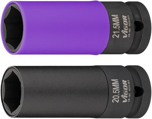 ViGOR Schlagschrauber Steckschlüssel Satz V6313, 2-teilig, 1/2 Zoll Vierkant Antrieb, 20,5 mm für Radmuttern ohne Chromkappe, 21,5 mm für verformte Chromkappen