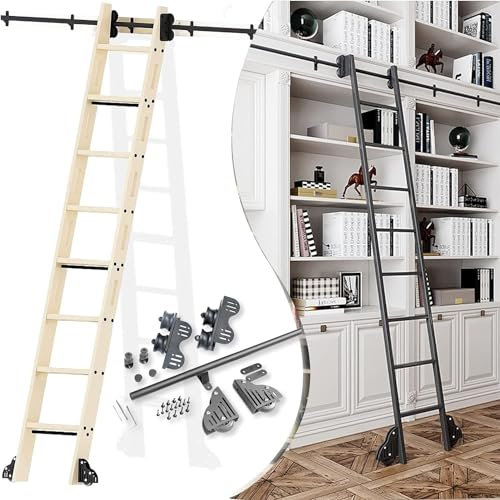 Schiebeleiter-Hardware-Kit – Schiebeleiterschienen für Bücherregale, Schiebetür-Kit für Scheunen, Rollschiene für Mobile Bibliotheksleitern aus rundem Rohr aus Teel (ohne Leiter), mit Bodenr