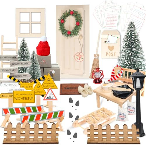 Wichteltür Set, 48 Stück Wichteltür Zubehör Weihnachten Komplettset, Wichtel Zubehör Baustelle Set inkl. Backset, Zaun, Briefumschläge, Kinderzimmer Dekoration für Weihnachten, DIY Geschenk für Kinder
