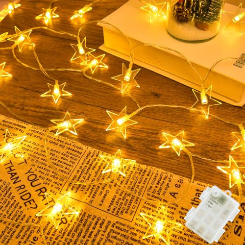 Isisyu Lichterkette Sterne Außen, 6M Weihnachtsbeleuchtung Außen Batterie mit 40er Warmweiß Sterne, 3 Modi Wasserdicht Lichterkette Batterie Außen Innen mit Timer für Weihnachtsdeko, Zimmer, Fenster