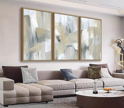 Large Framed Abstract Wall Art for Living Room Decor, Beige, 24X36inX3pcs, Neutral Abstract Painting Artwork Wall Picture, Modern Wabi-sabi Canvas Art Prints for Bedroom Bathroom Office Home