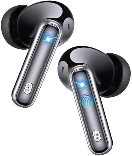 EUQQ Auriculares Inalambricos Bluetooth, Auriculares Bluetooth Cancelación Activa de Ruido, Cascos Inalambricos Bluetooth Control Táctil, HiFi Estéreo, IP7 Impermeable Diseño Cómodo Negro