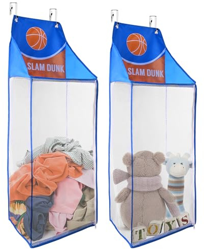 SYVOFOX 2 Pack Hanging Basketball Laundry Baskets，Over Door Washing Bags | Laundry Hampers with Zipper, Hanging Bag for Kids Boys Room, Foldable Mesh Travel Basket for Dirty Cloth Toy Towel Storage